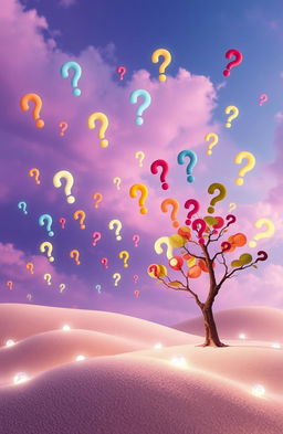 A surreal landscape filled with floating question marks of various sizes and colors, representing the uncertainties in life