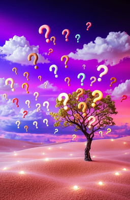 A surreal landscape filled with floating question marks of various sizes and colors, representing the uncertainties in life