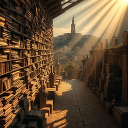 A breathtaking visualization of the 'Cemetery of Forgotten Books', where neglected books are stored among dusty, timeworn stone shelves, exuding an air of forgotten histories and the powerful truth of literature