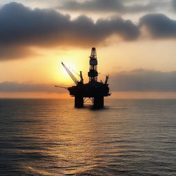 A photograph of an oil rig in the middle of the ocean, captured from a distance at sunset.