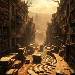 A breathtaking visualization of the 'Cemetery of Forgotten Books', where neglected books are stored among dusty, timeworn stone shelves, exuding an air of forgotten histories and the powerful truth of literature