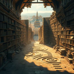 A breathtaking visualization of the 'Cemetery of Forgotten Books', where neglected books are stored among dusty, timeworn stone shelves, exuding an air of forgotten histories and the powerful truth of literature