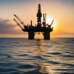 A photograph of an oil rig in the middle of the ocean, captured from a distance at sunset.