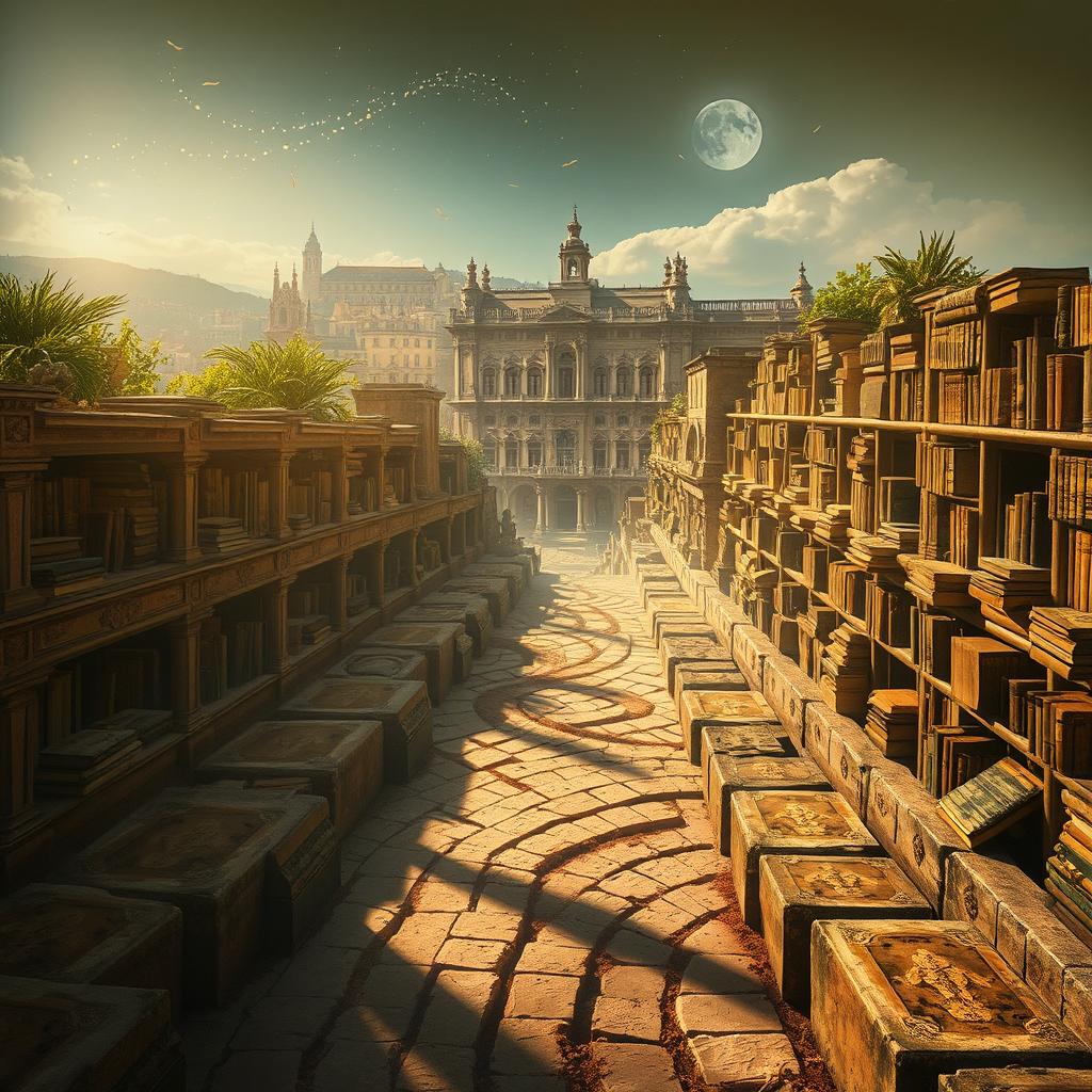 An enchanting depiction inspired by the novel 'The Shadow Of The Wind', featuring the 'Cemetery of Forgotten Books' as the central focus, filled with rows of neglected, weathered books resting on ancient stone shelves, illuminated by a soft, golden light that casts dancing dust particles throughout the air