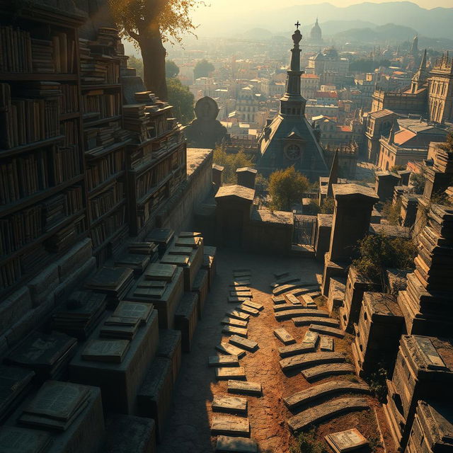 An enchanting depiction inspired by the novel 'The Shadow Of The Wind', featuring the 'Cemetery of Forgotten Books' as the central focus, filled with rows of neglected, weathered books resting on ancient stone shelves, illuminated by a soft, golden light that casts dancing dust particles throughout the air