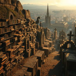 An enchanting depiction inspired by the novel 'The Shadow Of The Wind', featuring the 'Cemetery of Forgotten Books' as the central focus, filled with rows of neglected, weathered books resting on ancient stone shelves, illuminated by a soft, golden light that casts dancing dust particles throughout the air
