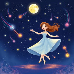 An illustration of Sara and her friend Twinkle dancing joyfully among a starry sky, surrounded by vibrant comets zipping past