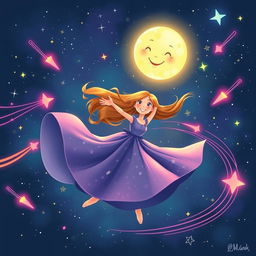 An illustration of Sara and her friend Twinkle dancing joyfully among a starry sky, surrounded by vibrant comets zipping past