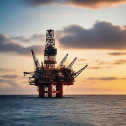 A photograph of an oil rig in the middle of the ocean, captured from a distance at sunset.