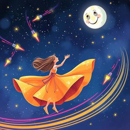 An illustration of Sara and her friend Twinkle dancing joyfully among a starry sky, surrounded by vibrant comets zipping past