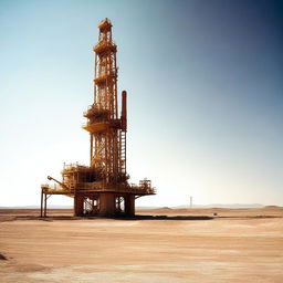 A photograph of oil drilling equipment in a desert, captured from a distance under a clear sky.