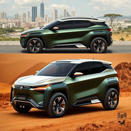 A robust and attractive car design suitable for African roads, presented in both urban and rural settings