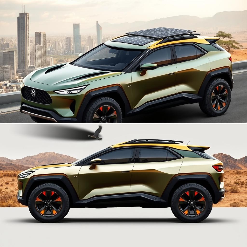 A robust and attractive car design suitable for African roads, presented in both urban and rural settings