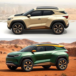 A robust and attractive car design suitable for African roads, presented in both urban and rural settings