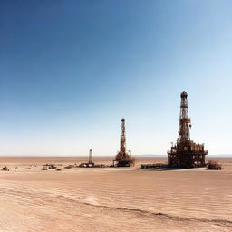 A photograph of oil drilling equipment in a desert, captured from a distance under a clear sky.