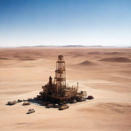 A photograph of oil drilling equipment in a desert, captured from a distance under a clear sky.