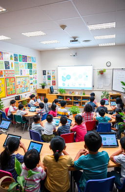 A vibrant and interactive educational design classroom filled with students engaging in learning activities