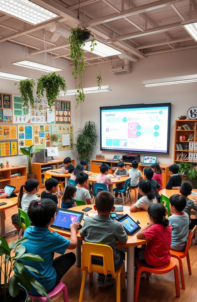 A vibrant and interactive educational design classroom filled with students engaging in learning activities