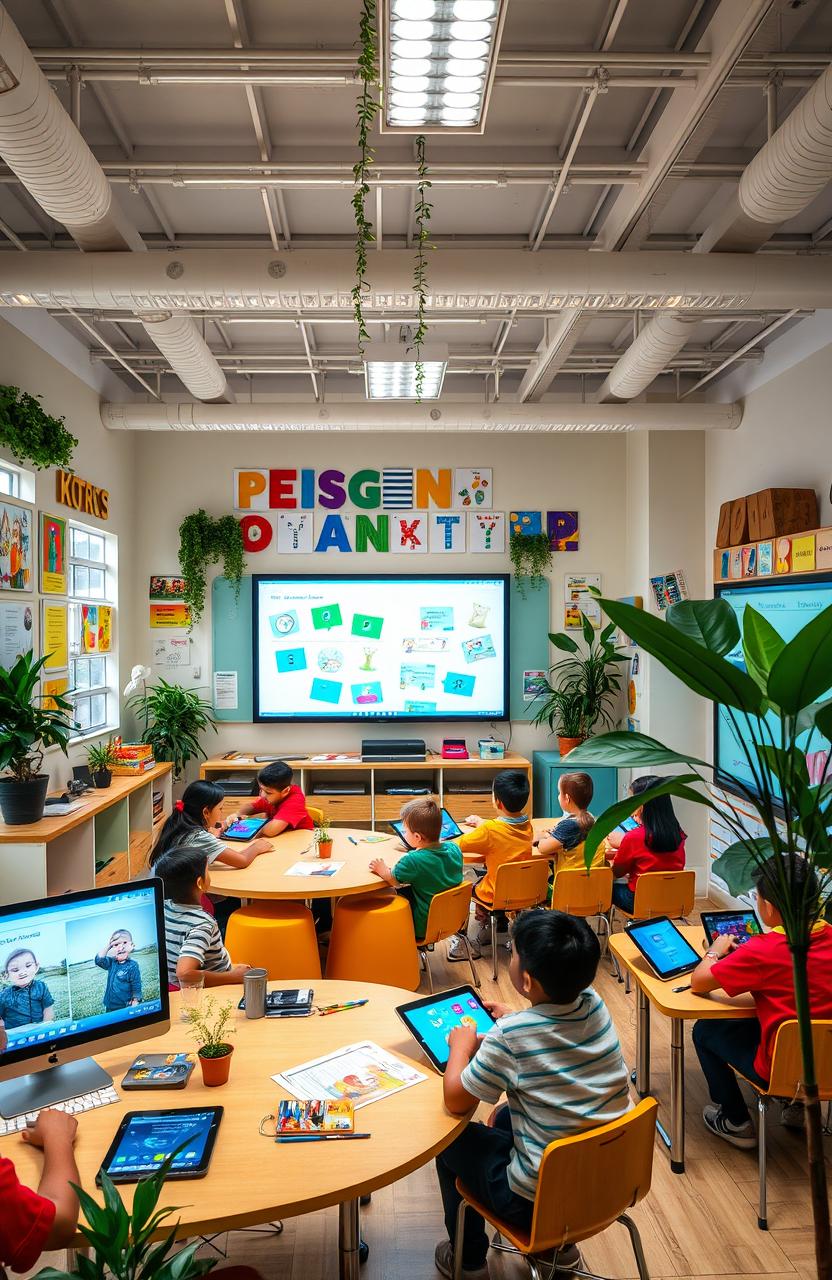 A vibrant and interactive educational design classroom filled with students engaging in learning activities