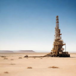 A photograph of oil drilling equipment in a desert, captured from a distance under a clear sky.