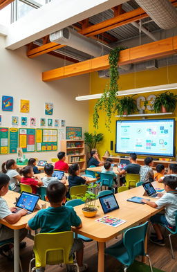 A vibrant and interactive educational design classroom filled with students engaging in learning activities
