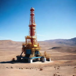 A photograph of oil drilling equipment in a mountainous region, captured from a distance under a blue sky.