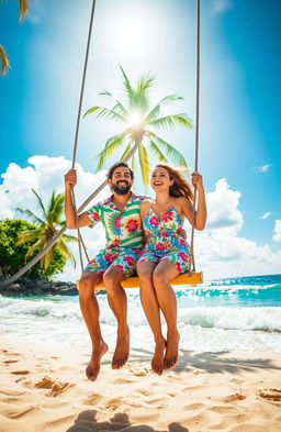 A joyful couple swinging on a beautiful beach, with the sun shining brightly overhead and waves gently crashing in the background