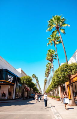 A picturesque view of Rodeo Drive, Beverly Hills, California during a sunny day