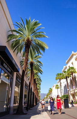A picturesque view of Rodeo Drive, Beverly Hills, California during a sunny day