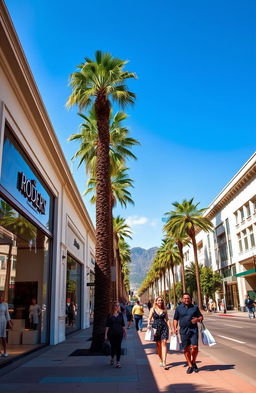 A picturesque view of Rodeo Drive, Beverly Hills, California during a sunny day