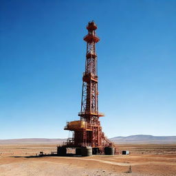 A photograph of oil drilling equipment in a mountainous region, captured from a distance under a blue sky.