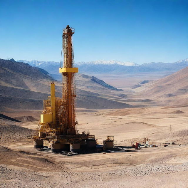 A photograph of oil drilling equipment in a mountainous region, captured from a distance under a blue sky.