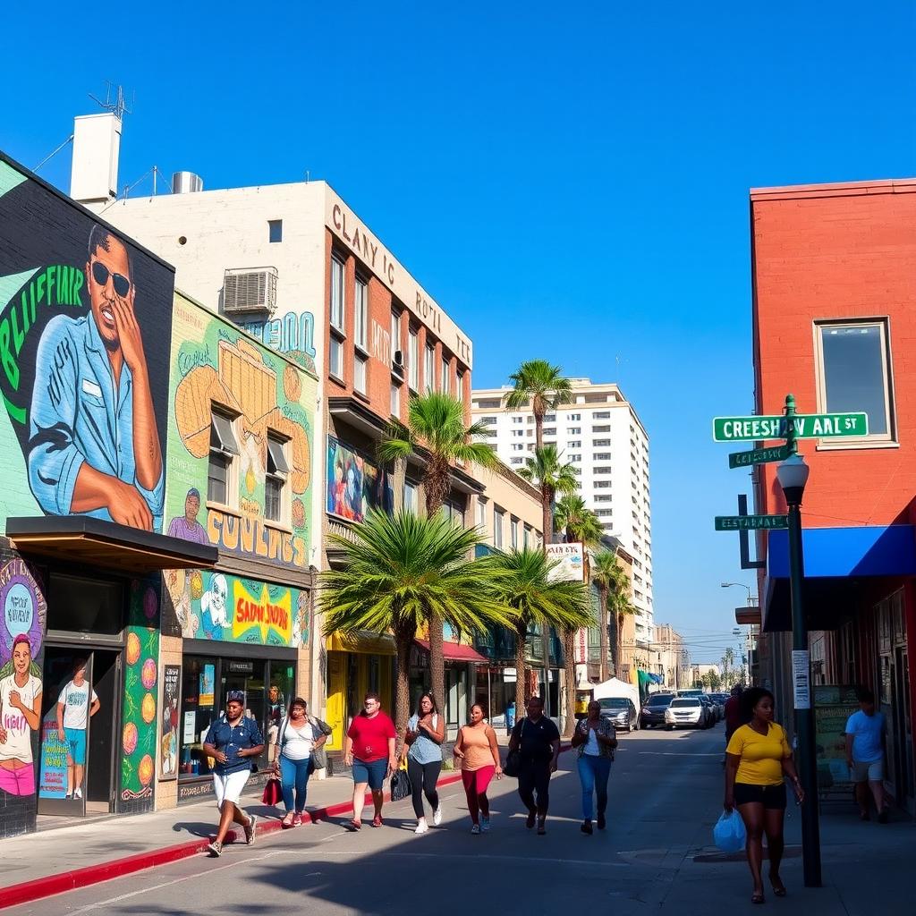 A vibrant street scene on Crenshaw Boulevard in Los Angeles, capturing the essence of urban culture