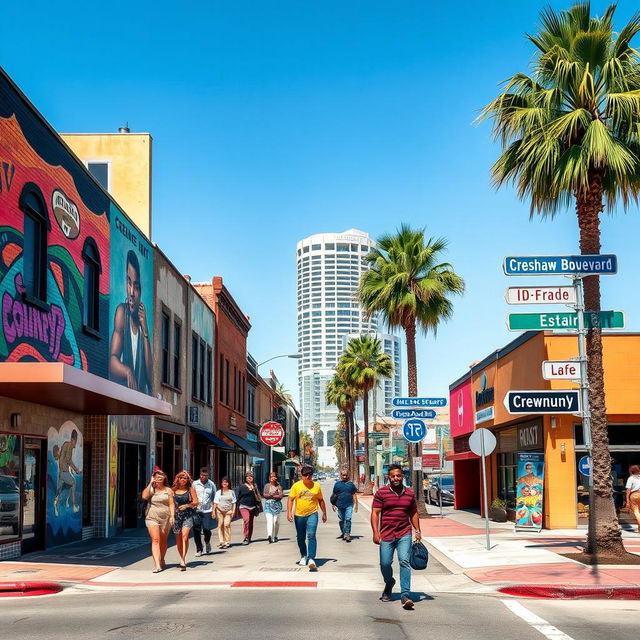 A vibrant street scene on Crenshaw Boulevard in Los Angeles, capturing the essence of urban culture