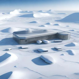 A digital rendering of a state-of-the-art laboratory headquarters in the icy landscape of Antarctica, bustling with activity.