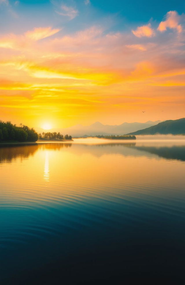 A serene landscape at sunrise, featuring a calm lake reflecting the vibrant colors of the sky, lush green trees surrounding the water, a soft mist rising from the lake, and a silhouette of mountains in the background, with light ripples on the water's surface