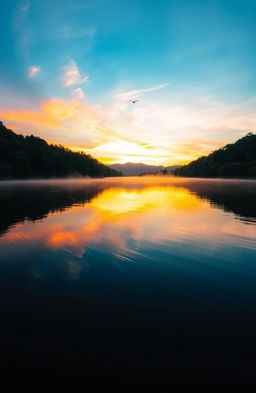 A serene landscape at sunrise, featuring a calm lake reflecting the vibrant colors of the sky, lush green trees surrounding the water, a soft mist rising from the lake, and a silhouette of mountains in the background, with light ripples on the water's surface