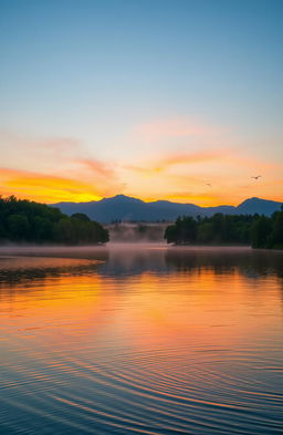 A serene landscape at sunrise, featuring a calm lake reflecting the vibrant colors of the sky, lush green trees surrounding the water, a soft mist rising from the lake, and a silhouette of mountains in the background, with light ripples on the water's surface