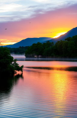 A serene landscape at sunrise, featuring a calm lake reflecting the vibrant colors of the sky, lush green trees surrounding the water, a soft mist rising from the lake, and a silhouette of mountains in the background, with light ripples on the water's surface