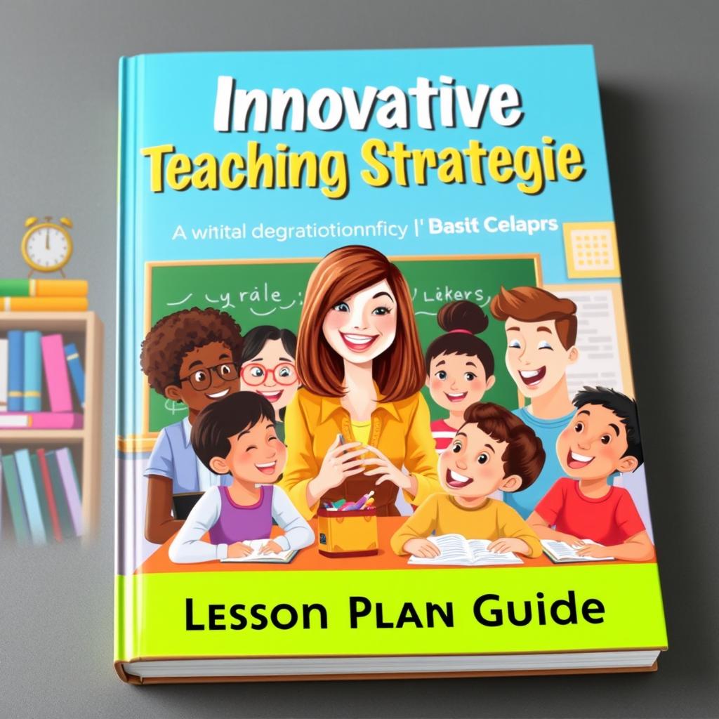 A visually engaging book cover for a lesson plan teaching guide, featuring a colorful illustration of a classroom setting with diverse students actively participating