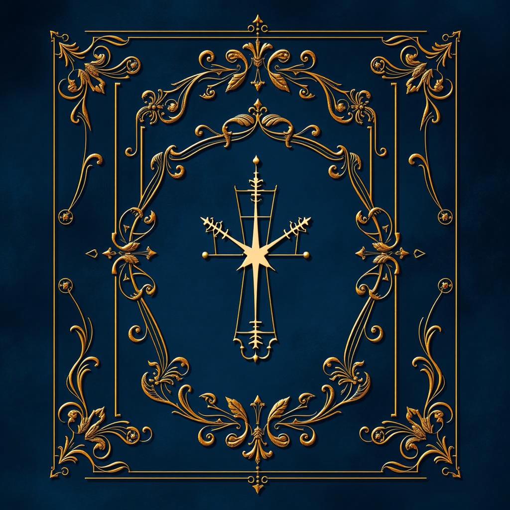 An ornate design featuring a central cross surrounded by intricate gold patterns and flourishes on a deep blue background
