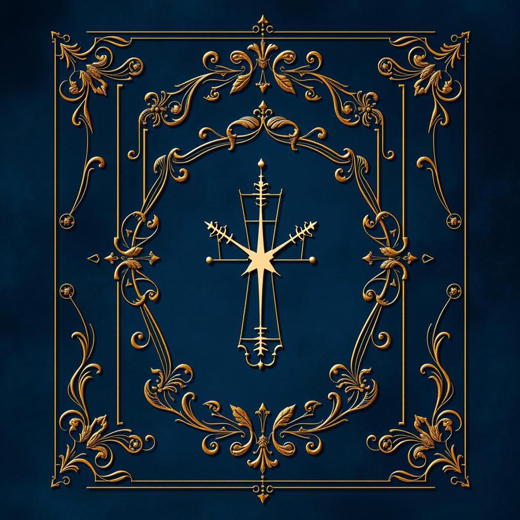 An ornate design featuring a central cross surrounded by intricate gold patterns and flourishes on a deep blue background