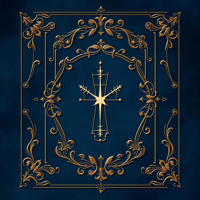 An ornate design featuring a central cross surrounded by intricate gold patterns and flourishes on a deep blue background