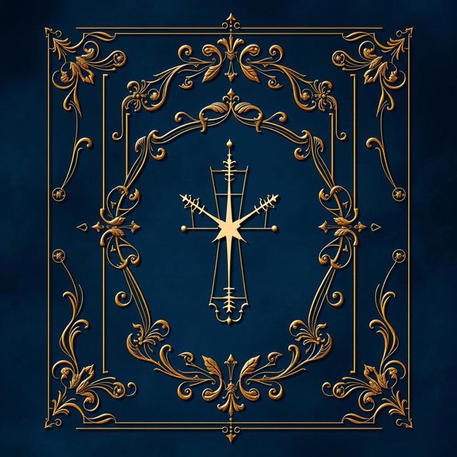 An ornate design featuring a central cross surrounded by intricate gold patterns and flourishes on a deep blue background