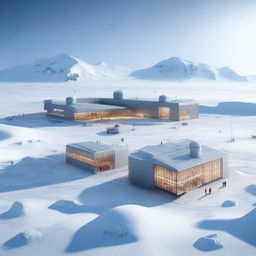 A digital rendering of a state-of-the-art laboratory headquarters in the icy landscape of Antarctica, bustling with activity.