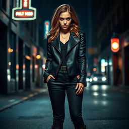 A confident young mafia girl stands boldly, looking directly at the viewer with a fierce gaze
