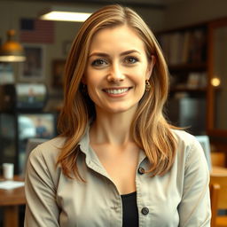 A full-length photograph of a woman aged between 30 to 45 years with a natural appearance, featuring minimal makeup and well-groomed hair