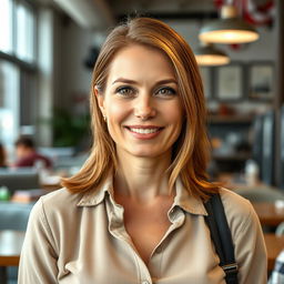 A full-length photograph of a woman aged between 30 to 45 years with a natural appearance, featuring minimal makeup and well-groomed hair