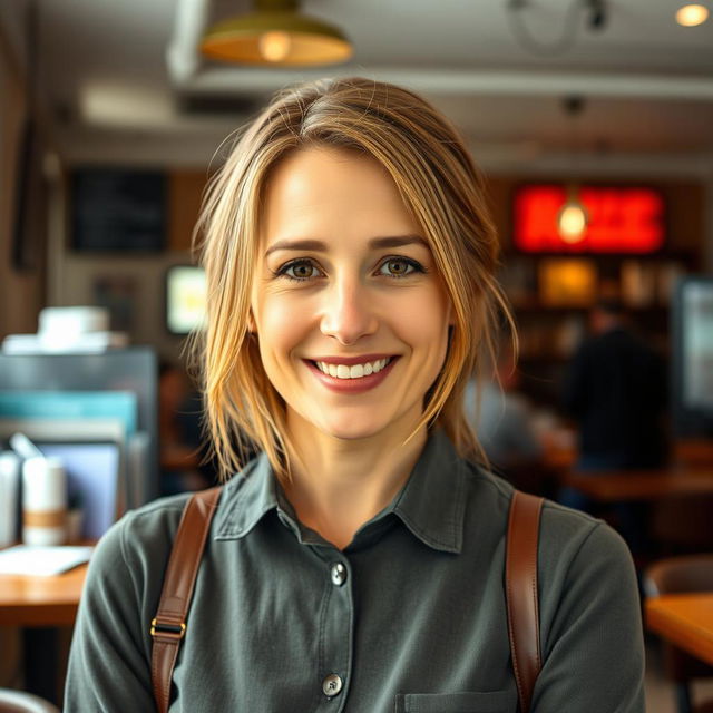 A full-length photograph of a woman aged between 30 to 45 years with a natural appearance, featuring minimal makeup and well-groomed hair