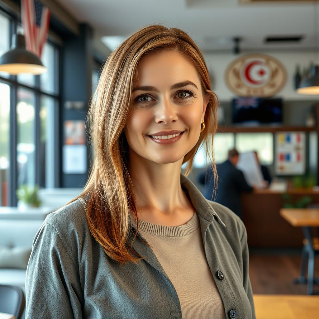 A full-length photograph of a woman aged between 30 to 45 years with a natural appearance, featuring minimal makeup and well-groomed hair